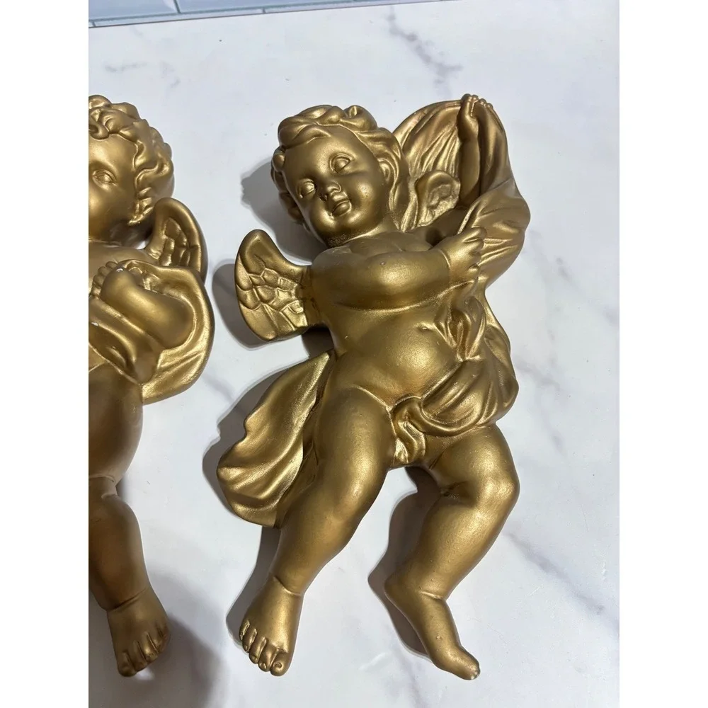 Vintage Gold Cherub Wall Decor Pair 9 Inch Angels Hanging Statues Set of 2
